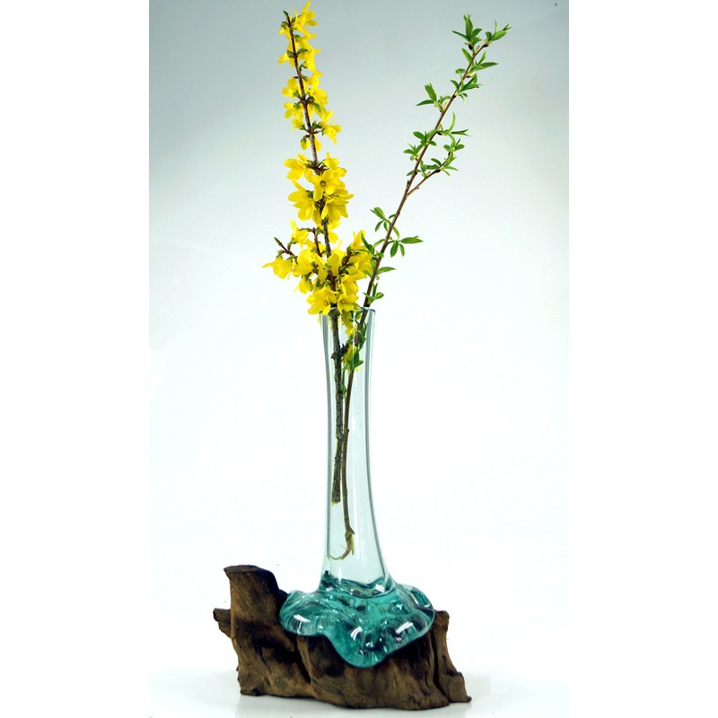 GURU SHOP Vase aus Recycelingglas, Glasvase Wurzelholz - M10 30cm,