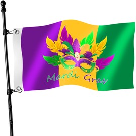 Mardi Gras Flag Outdoor 3x5 Double Sided Happy Mardi Gras Banner with Large Masquerade Mask and Stripes Double Sided Large Holiday Flag Fat Tuesday Decor for New Orleans Carnival