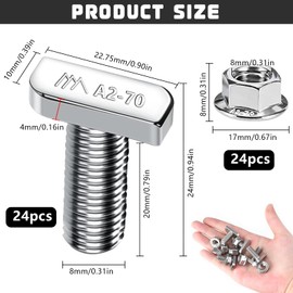XSHAO Pack of 24 Hammer Head Screws M8 x 20 Stainless Steel A2-70, Hammer Head Screws M8 with 24 Flange Nuts M8 for PV Solar Mounting Rails Greenhouse and Photovoltaic