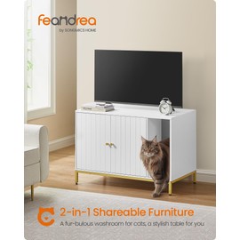 Feandrea Litter Box Enclosure, Modern Cat Litter Box Furniture Hidden, with Scratching Mat, Tall Legs, Cat House, Side End Table, 35.4 x 18.9 x 24.2 Inches, White and Gold UPCL027W01