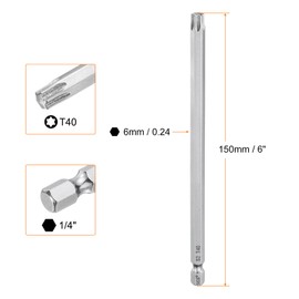 HARFINGTON 5pcs T40 Torx Bit 1/4" Hex Shank 6" Long S2 Steel Magnetic Tamper Resistant Star Bits Torx Head with Hole Industrial Grade for Driver Drill Bits Remove Fastening Screws