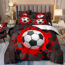 Tabeskly Kids Boys Black White Football Soft Zipper Bed Bedding Duvet Cover Set Double Red 200×200cm