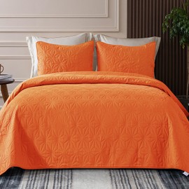 Whale Flotilla Queen Size Quilt Bedding Set, Soft Orange Queen/Full Quilts Bedspreads for All Seasons, Lightweight Geometric Star Pattern Coverlets - 3 Pieces(1 Quilt, 2 Pillow Shams)