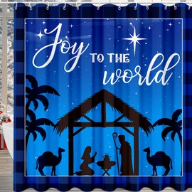 Hehegoo Christmas Shower Curtain for Bathroom, Fabric Nativity Scene Xmas Shower Bathtub Window Curtains Sets with 12 Hooks Waterproof Bathroom Decoration Supplies 72x72in