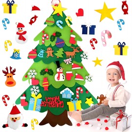 LNV DIY Felt Christmas Tree Set Montessori 3D Felt Christmas Tree,Kids Christmas Tree with LED String Light Wall Hanging Christmas Decorations for Toddlers Xmas Gifts (Hanging Vertical Version)