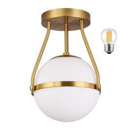 Bagood Globe Semi Flush Mount Ceiling Light Mid Century Modern Globe Ceiling Light Fixture with Milk Glass Shade Brass Finish for Living Room Hallway Kitchen Island Dining Room Laundry (Bulb Incl.)…