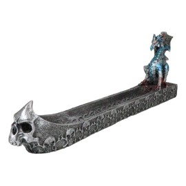 Blue Azureo Dragon On River Styx Boat of Skulls Incense Burner Holder Figurine