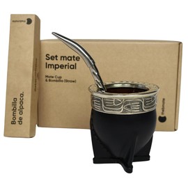 thebmate - Taza de té de cerámica hecha a mano en Uruguay, juego imperial con pajita de foco alemana y cepillo para polvo de limpieza (negro)