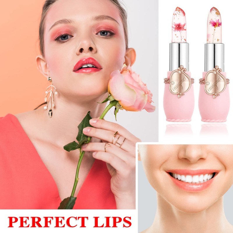 LZYLLS 2 Pack Crystal Jelly Flower Lipstick,Magic Temperature Color Change