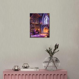 Magic House Paint by Numbers Kit for Adults, Fantasy Purple DIY Acrylic Paint by Number Kits on Canvas, Bookshelf Oil Painting for Gift Home Wall Decor 16"x20"(Frameless)