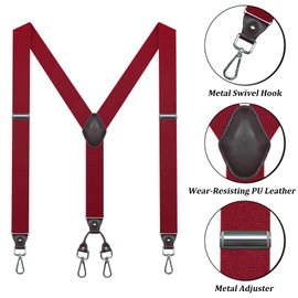 1.4 Inch Wide Red Suspenders for Men Heavy Duty with 4 Swivel Snap Hooks, Elastic Mens Suspenders for Jeans Pants Adjustable Work Braces