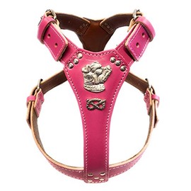 M&D Beautiful Staffy Deep Pink Leather Dog Harness Large with Staffordshire Bullterrier Head Motif & Knot (Brass Fittings)