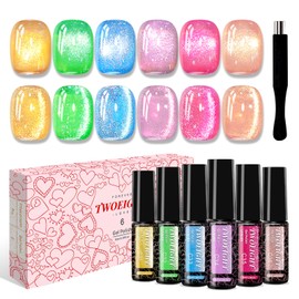 TWOEIGHT Rainbow Magnetic Cat Eye Gel Nail Polish Set 8ml*6 with 1Magnets Spring Summer Pink Green Blue Translucent Nail Salon DIY at Home Sparkle Stunning Gel Polish Gift for Women