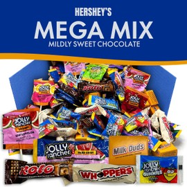 Hershys Mega Mix 2LB Bulk Candy Assortment - Approx 70 Pieces Chocolate Candy, Jolly Ranchrs, Lollipops, Creamy Caramels, Milk Duds, Whoppers, Rolos - Individually Wrapped Candy Bulk Variety Pack