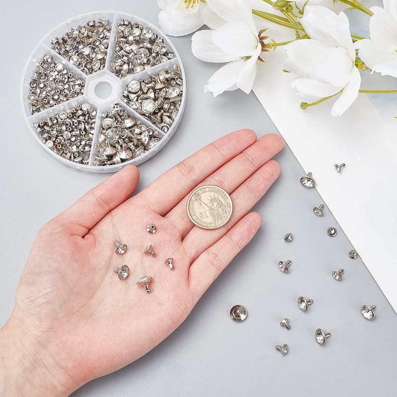 nbeads 180 Sets Rhinestone Rivets, 6 Sizes Silver CZ Clear