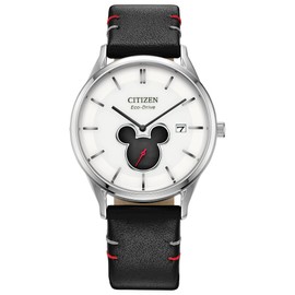 Citizen Eco-Drive Mickey Mouse Shadow, Stainless Steel, Black Leather Strap, 2-Hand with Sub-Dial, 40mm (Model: BV1130-03W)