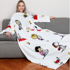 Kanguru Soft Fleece Blanket with Sleeves Deluxe Peanuts Snoopy with Front Pocket, 140 x 180 cm, 100% Polyester, White, Unique, Bianco, One Size