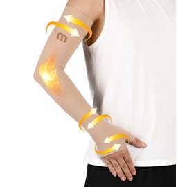MGANG - Manga de compresión de linfedema con guante para soporte unisex, opaco, pulgar y brazo completo, alivio del dolor, artritis, 20-30mmhg Beige, X-Large (Single)