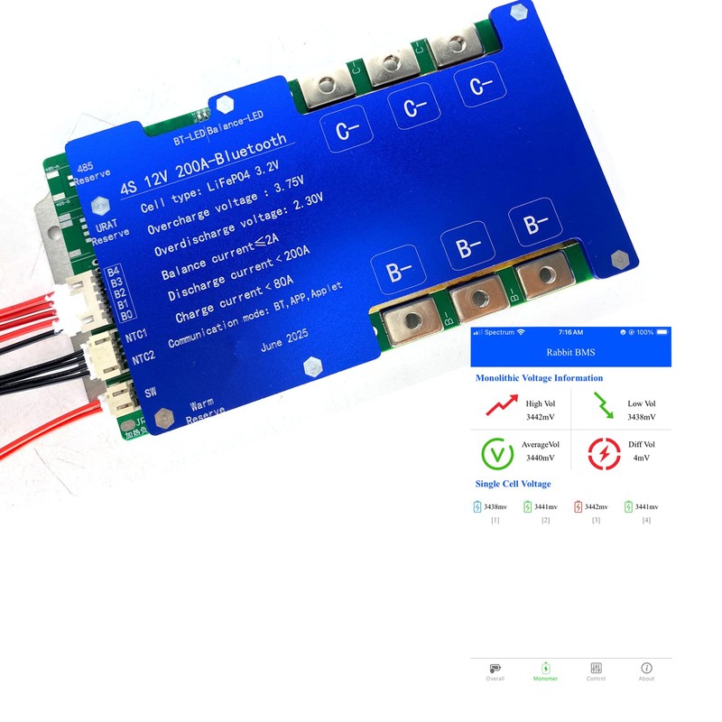 4S 200A 12V Smart BMS BT LiFePO4 Li-ion LTO Active