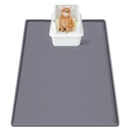 SORKUT Cat Litter Mat 34x22 Inch, Large Silicone Litter Box Mat for Floor Protection, Waterproof & Non-Slip, Soft for Cat Paws, Easy to Clean, Leak-Proof Edge, Gray