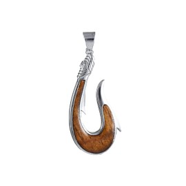 Gorgeous Hawaiian Large Genuine Koa Wood Fish Hook Necklace, Sterling Silver Fish Hook Pendant, N8861B