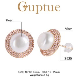 Guptue S925 Silver needles Pearl button stud earrings cultured freshwater pearl Cubic zirconia stud Earrings Birthday Gifts Women's Stud Earrings