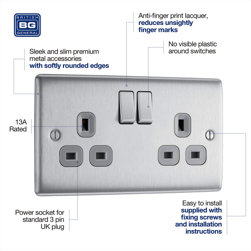 BG Electrical NBS22G-01 Double Switched Power Socket, Brushed Steel, 13