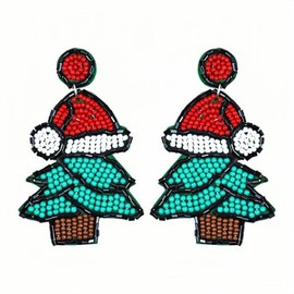 Christmas Beaded Earrings Handmade Christmas Tree Hat Dangle Drop Earrings
