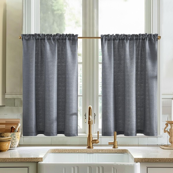 Vangao Net Curtain, Linen Look, Bistro Curtain, Plain Modern Kitchen