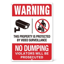 No Dumping Signs Private Property, 14.17''x11'' No Dumping Video Surveillance Sign, 40mil Rust-Proof Private Dumpster Sign, UV Printed No Illegal Dumping Sign Large for Business & Home, Easy to Mount
