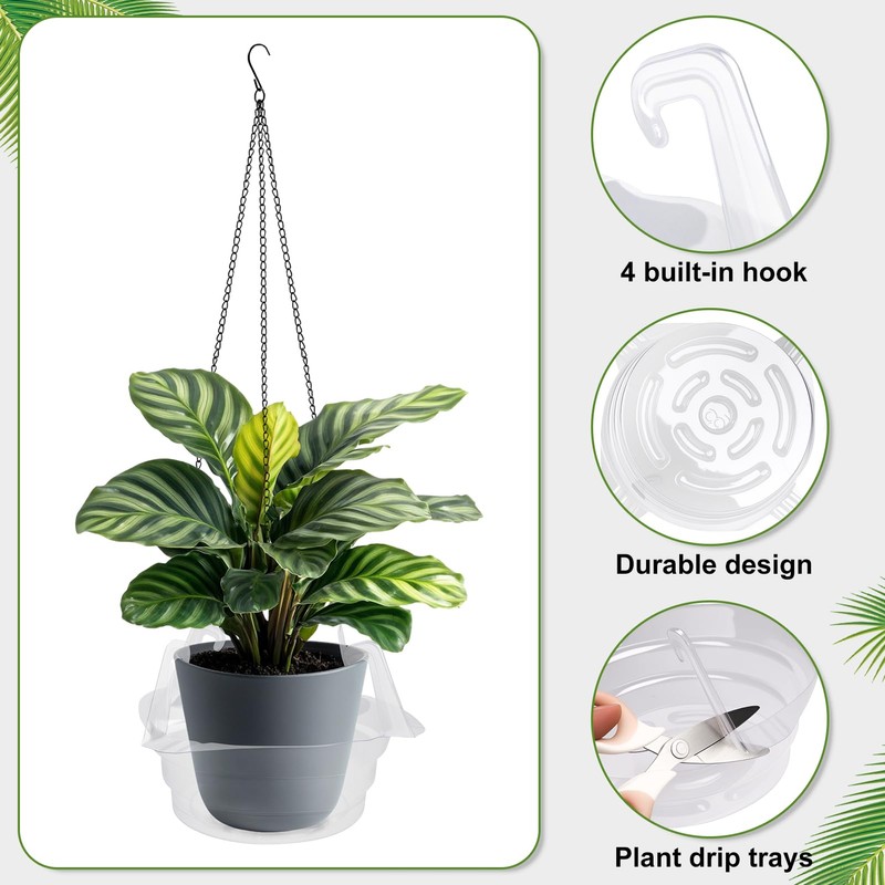 Quintriae 6Pcs 10 Inch Clear Plastic Hanging Plant Drip Trays
