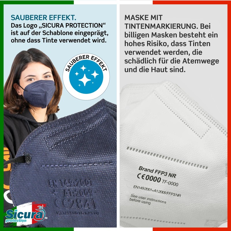 50 x CE-certified FFP3 masks, blue with black rubber bands,