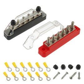 BOJACK 12V Bus Bar Mini6 x 1/4”(M6) Post,12 Volt Battery Power Distribution Block with Cover with Mounting Screws and Ring Terminals for Car Boat Marine Boat and Yachts(Black+Red)
