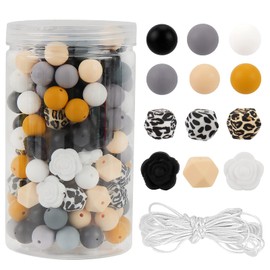 Keyzone 200PCS Silicone Beads Bulk, DIY Multicolor Silicone Beads for Keychain Making Kit, Silicone Beads 15mm Accessories Silicone Beads for Pens, Bracelet, Necklace (Animal Print Rose Style)