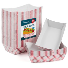 SPARGOS Food Boats (125 Pack) 3LB Red & White - Paper Food Trays Leakproof & Freezer Safe - Chekered Nacho Trays Disposable for Concession Stand Supplies French Fry Holder & Hot Dog Trays Disposable