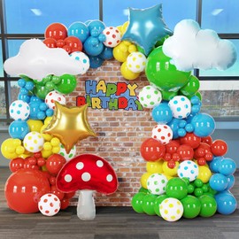 118Pcs Red Blue Yellow Green Rainbow Circus Balloons Garland Arch Kit With Star, Mushroom, Cloud Balloons, For Baby Shower, Birthday Decoration, Cartoon & Video Game & Carnival Themed Parties