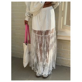 Floerns Women's Summer Maxi Skirt Elastic Waist Floral Lace Beach Flare Hem Y2k Long Skirt White Small
