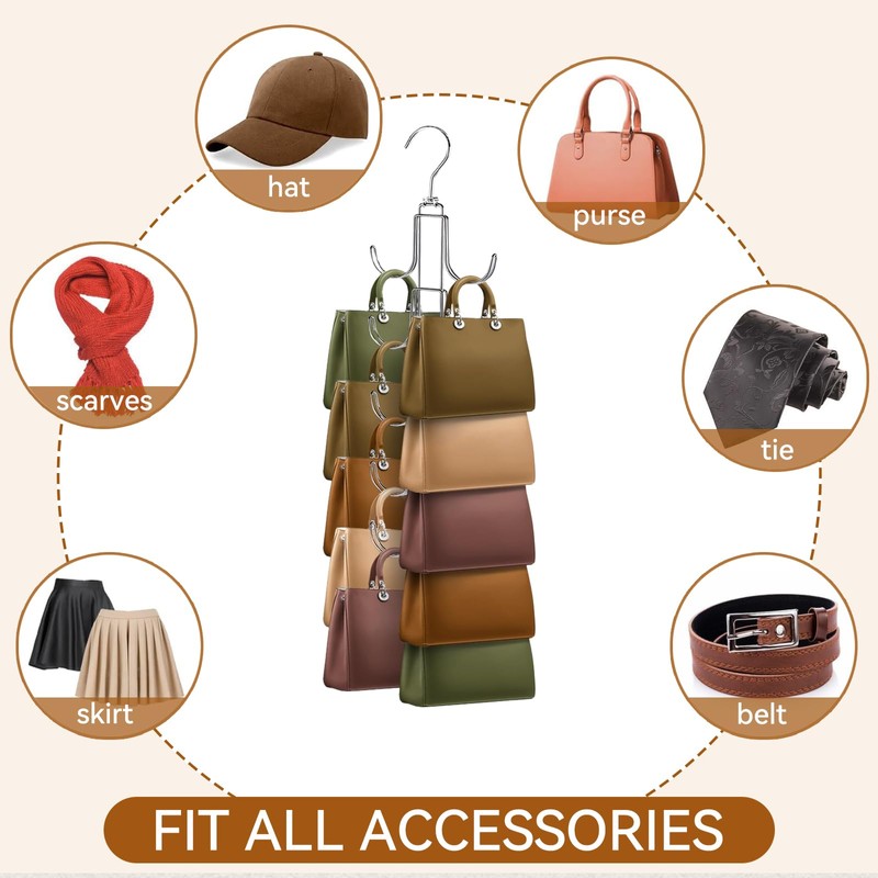 CharmBurst Handbag Organiser for Cupboard, Improved Handbag Hanger with 10