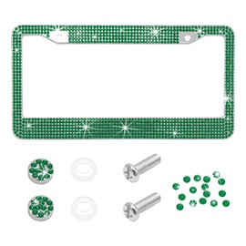 NYTKL Bling Car License Plate Frame, Handcrafted Crystal Car Tag Frame with Sparkly Screw Caps, Shiny Rhinestone Stainless Steel Licence Plate Holder Decor for Women Girls (Dark Green)