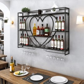 W2 Liquor Bottles Bar Shelves Wall Mounted with LED Lighting Glass Holder, Wine Rack 3-Tiers Display Storage Organizer Hanging Long Stemware Goblet Metal for Home Cellar Black (55"x 6"x 33")