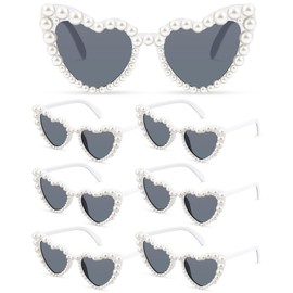 Huquary 6 Pairs Heart Pearl Sunglasses Bride Sunglasses for Wedding Vintage Heart Sun Glasses Love Shaped Sunglasses (White)