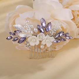 Teyglen Dainty Flower Purple Crystal Wedding Hair Comb Bridal Silver Leaf Rhinestone Hair Piece Violet Crystal Pearl Hair Comb Wedding Headpiece Hair Accessories for Women (Purple)