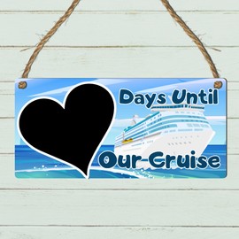 Days Until Our Cruise Countdown Sign - Fun & Stylish MDF Wooden Plaque with Heart Chalkboard for Holiday Vacation Countdown - Ready to Hang with Rustic Rope (Blue, With Pen)