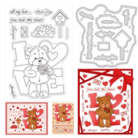 ORIGACH Valentine's Day Teddy Bear Clear Stamps and Cutting Dies for Card Making Transparent Stamps and Die Set for DIY Scrapbooking Photo Album Decoration