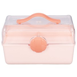 2 Layer Storage Box Large Capacity Grid Design 2 Layer Handle Box with Transparent Cover Rotate Lock Storage Box for Office Pink
