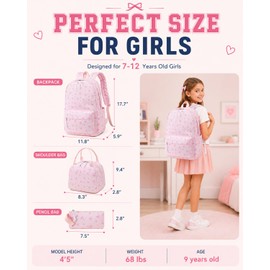 CAMTOP Girls Backpack with Lunch Box Set, Cute Bow School Backpack for Kids, 3-in-1 Lightweight Lunch Bag and Pencil Pouch