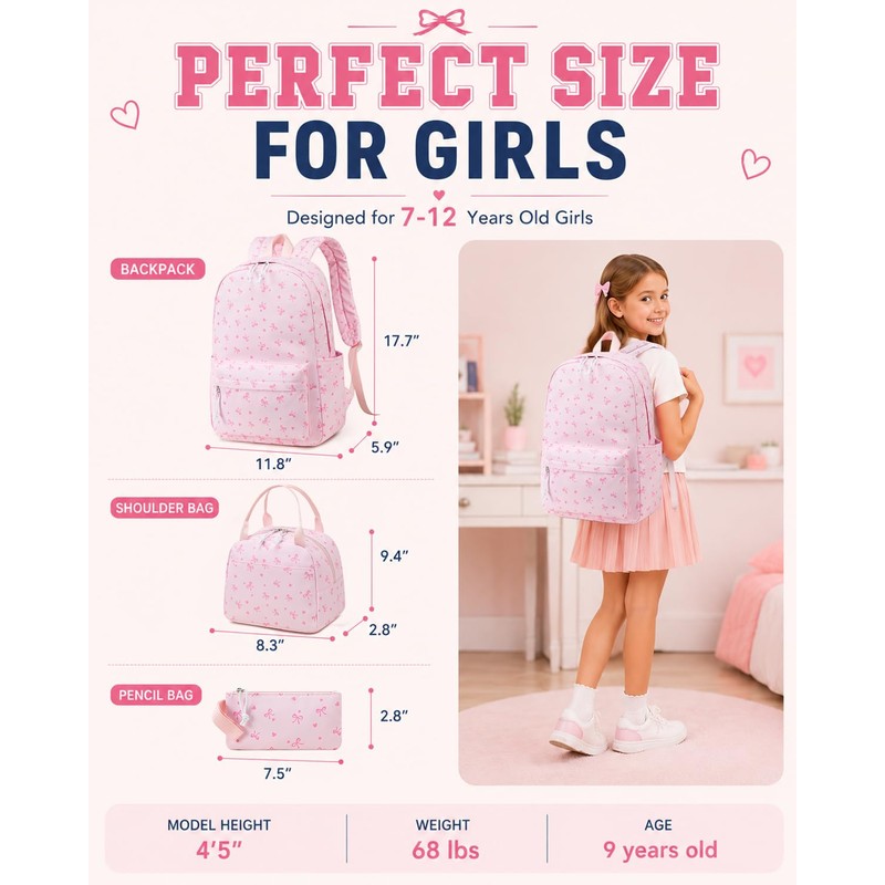 CAMTOP Girls Backpack with Lunch Box Set, Cute Bow School