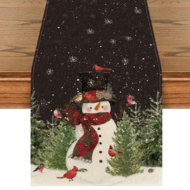 Artoid Mode Snowman Birds Trees Christmas Table Runner, Seasonal Black Winter Holiday Kitchen Dining Table Decoration for Home Party Decor 13 x 72 Inch