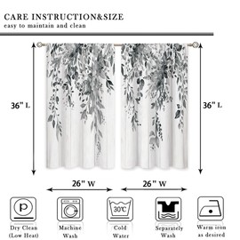 oolygoo Farmhouse Grey Eucalyptus Small Kitchen Curtains Leaves Window Treatment Black White Wooden Cafe Short Curtains for Bathroom Dining Laundry Room Botanical Tier Treatment Drapes 26x36 inch