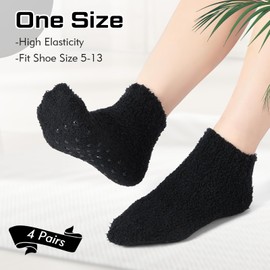 Foaincore 4 Pack Non Slip Hospital Socks for Women Men Non Slip Ankle Fuzzy Socks Thick Warm Slipper Socks Festival Gifts(Black)